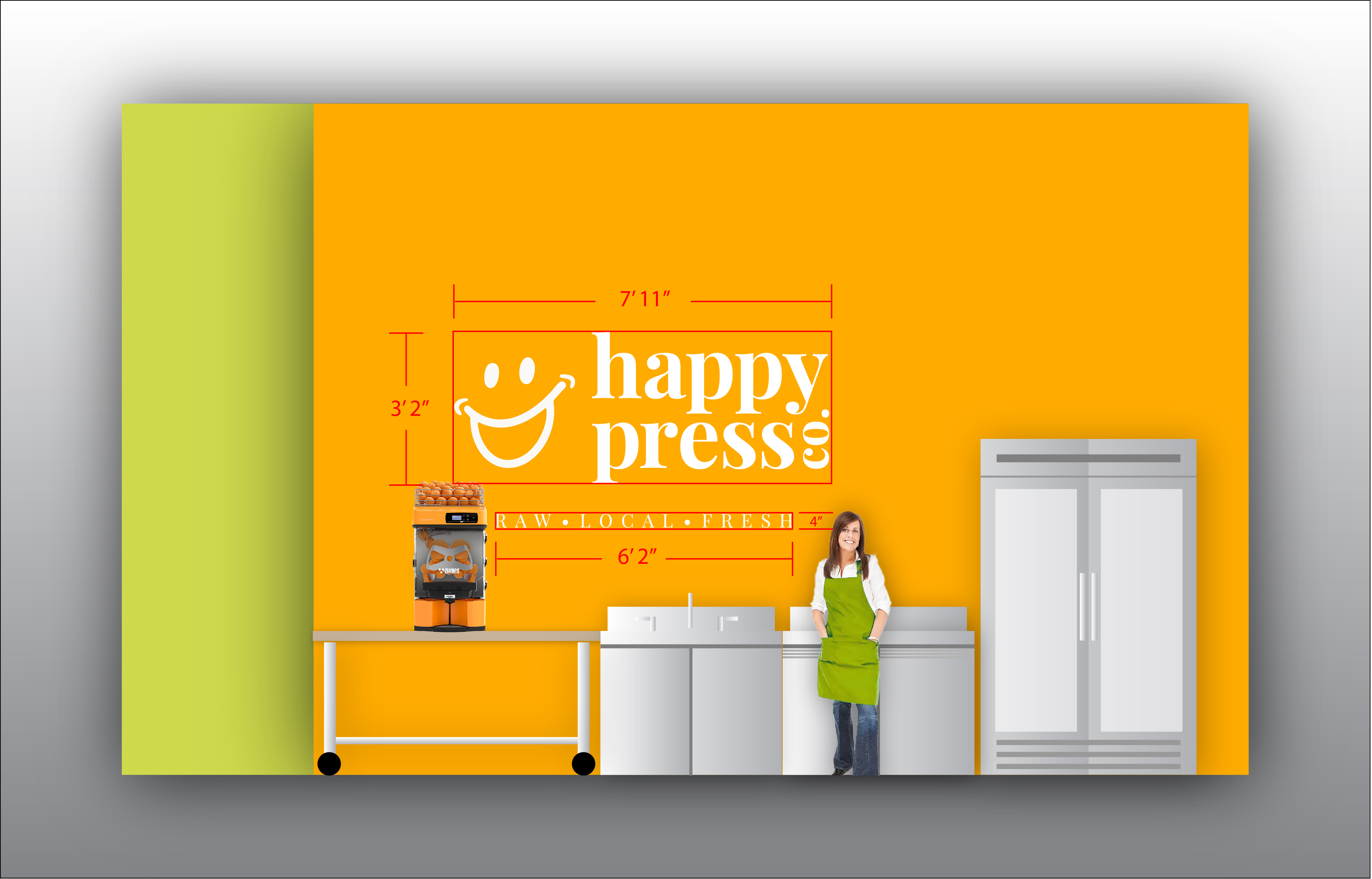 Happy Press Co. main wall design with logo placement measurements